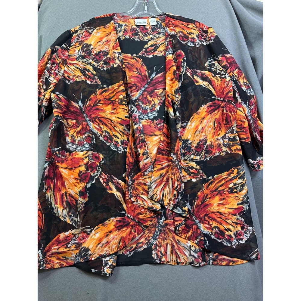 Chicos Silk Butterfly Print Open Front Cardigan Orange Black Sheer Kimono Size 1